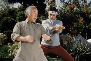 The Karate Kid movie scene with Pat Morita and Ralph Macchio