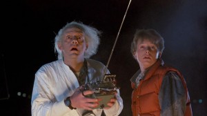 Back to the Future movie scene with Christopher Lloyd and Michael J. Fox